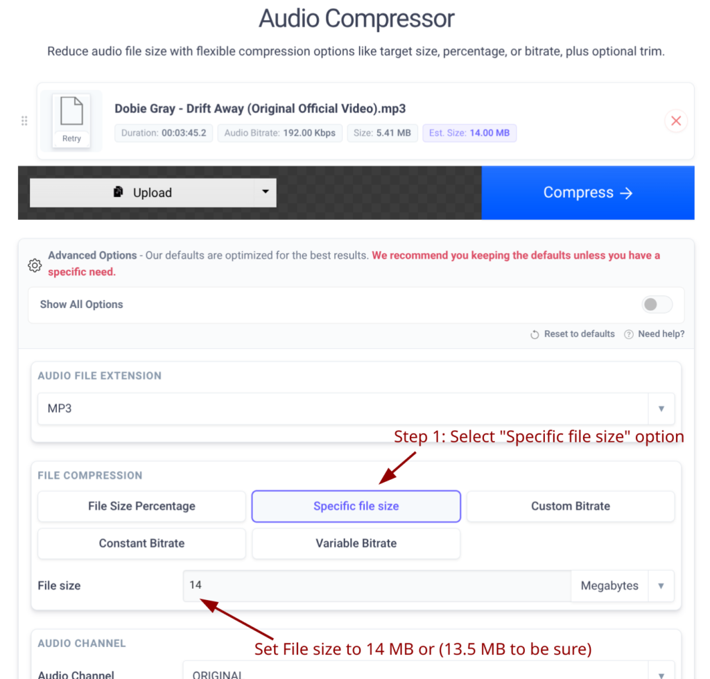 A screenshot of the "File Compression" section. A red arrow pointing draw on the "Specific file size" selection, showing "14" typed in the box and the "MB" dropdown selected.