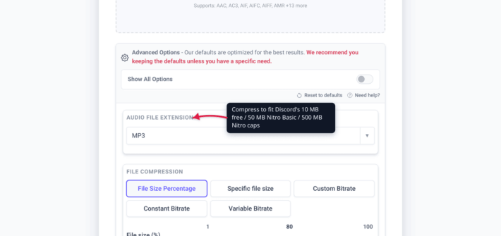 The xconvert audio compressor with the MP3 output format selected, with a callout describing the use case of compressing audio for Discord's 10 MB free upload limit