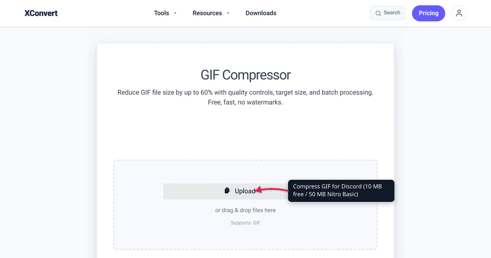 The xconvert GIF compressor with the resize options visible, illustrating compression of an animated GIF for Discord uploads