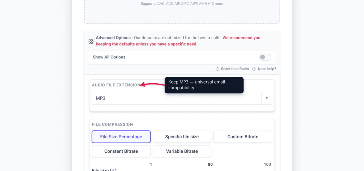 The xconvert audio compressor showing the MP3 output format selected, with a callout describing the use case of compressing audio for Gmail's 25 MB email attachment limit