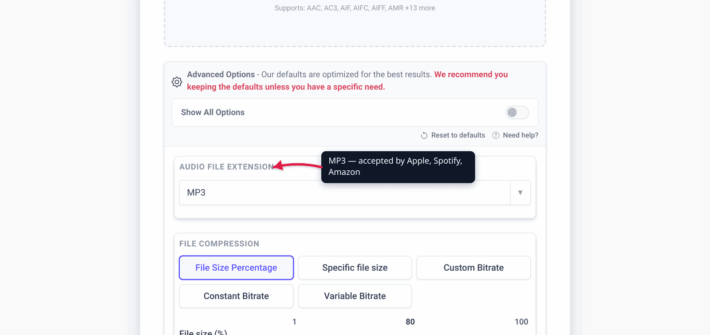 The xconvert audio compressor showing the MP3 output format selected, with a callout describing podcast platform compression for Spotify, Apple Podcasts, and Amazon Music