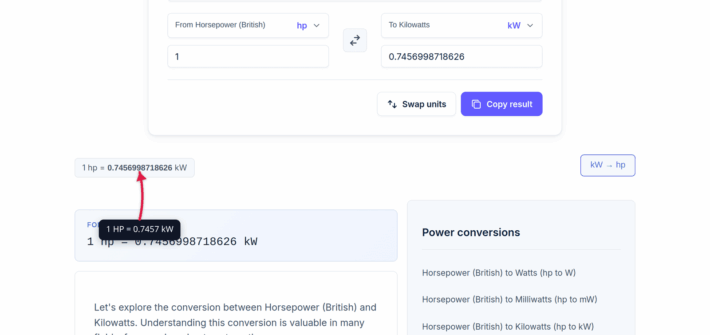 The xconvert HP to KW converter showing the conversion result