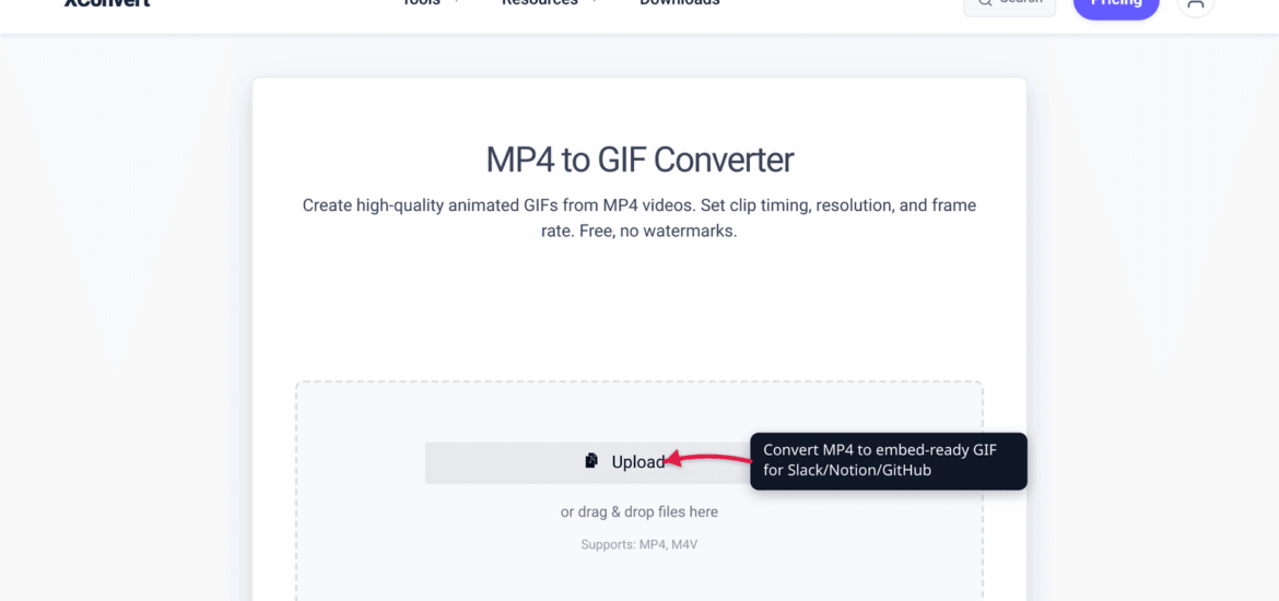 The xconvert MP4 to GIF converter ready to convert a screen-recording video for documentation embeds