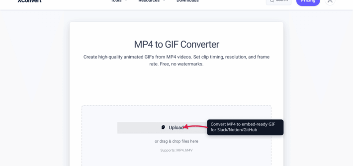 The xconvert MP4 to GIF converter ready to convert a screen-recording video for documentation embeds