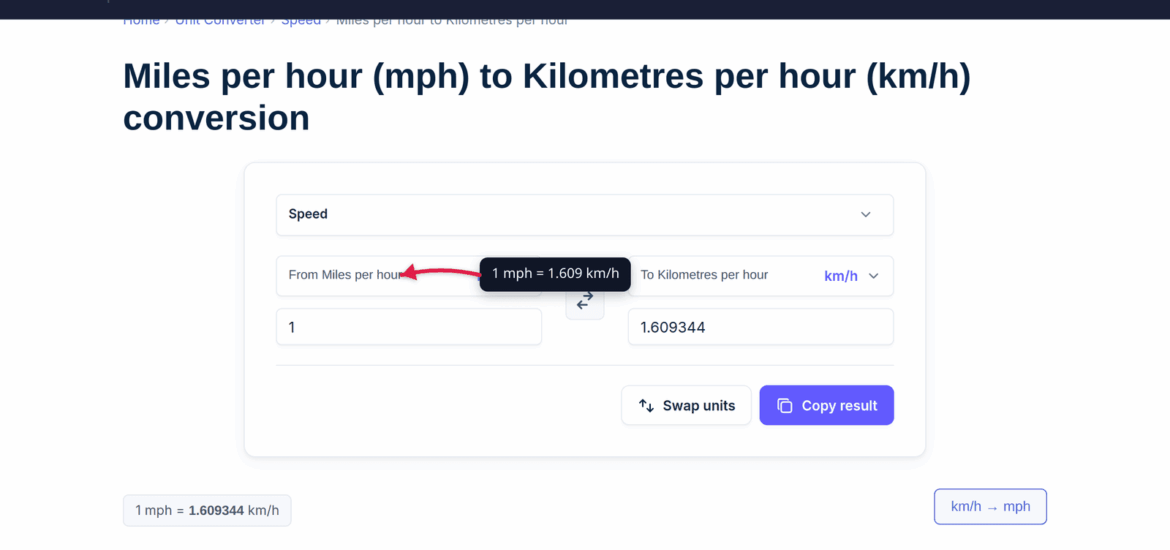The xconvert MPH to KMH converter showing the speed conversion result