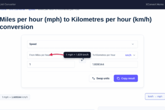 The xconvert MPH to KMH converter showing the speed conversion result