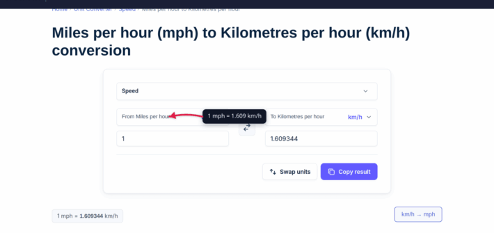 The xconvert MPH to KMH converter showing the speed conversion result