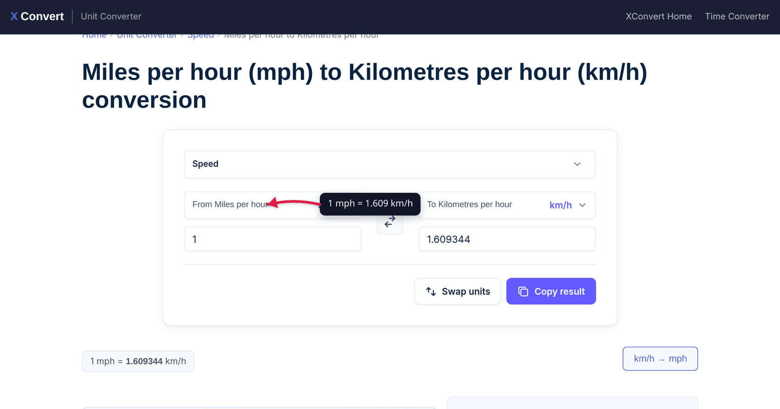 The xconvert MPH to KMH converter showing the speed conversion result