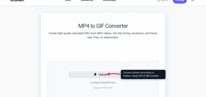 The xconvert MP4 to GIF converter ready to handle phone screen-recording uploads for Twitter/X