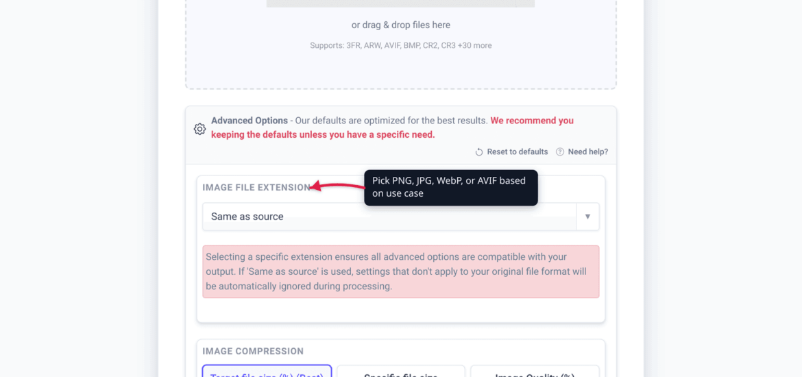 The xconvert image compressor showing format selection options