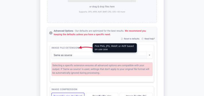 The xconvert image compressor showing format selection options