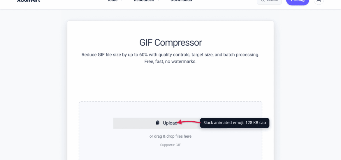 The xconvert GIF compressor configured for tiny file sizes, illustrating preparation of an animated emoji for Slack's 128 KB cap