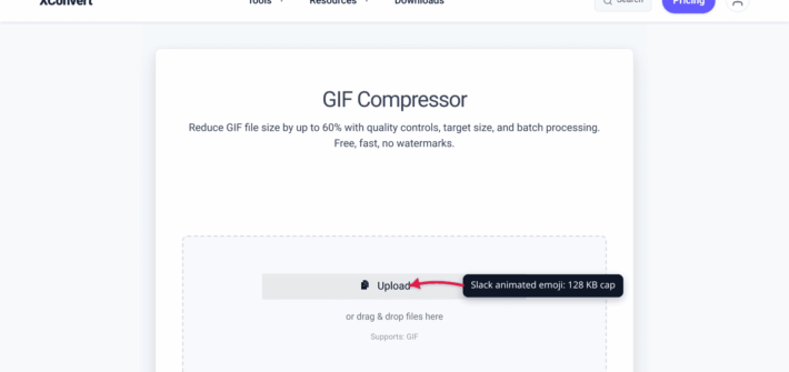 The xconvert GIF compressor configured for tiny file sizes, illustrating preparation of an animated emoji for Slack's 128 KB cap