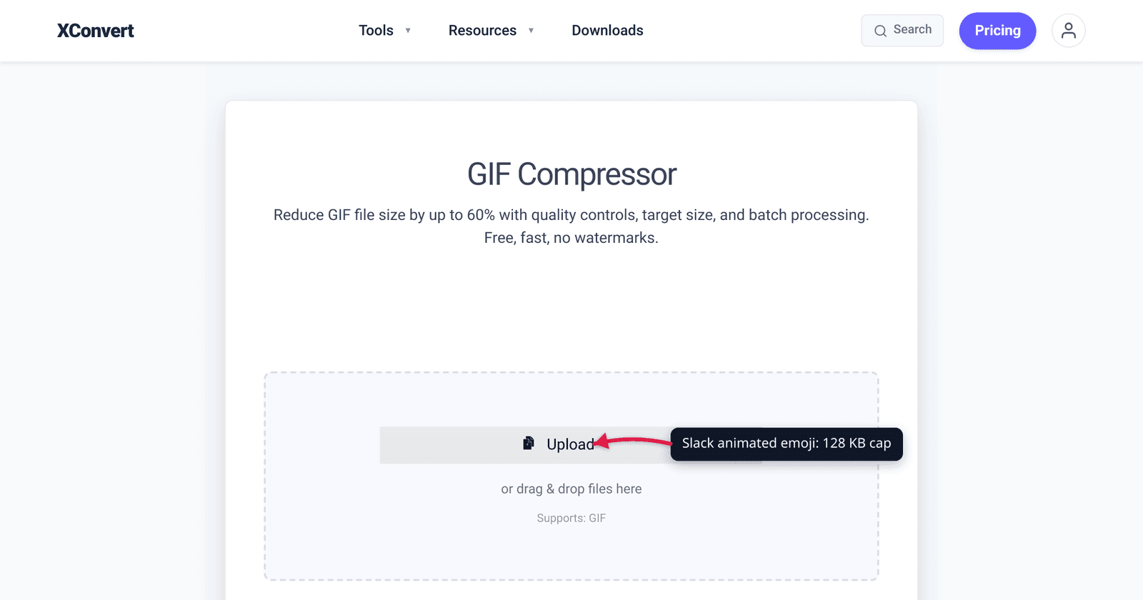 The xconvert GIF compressor configured for tiny file sizes, illustrating preparation of an animated emoji for Slack's 128 KB cap