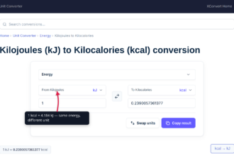 The xconvert Kilojoules to calories converter with a 836 kJ to 200 kcal example