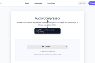 The xconvert audio compressor showing the MP3 output format selected, with a callout describing the use case of compressing audio for Gmail's 25 MB email attachment limit