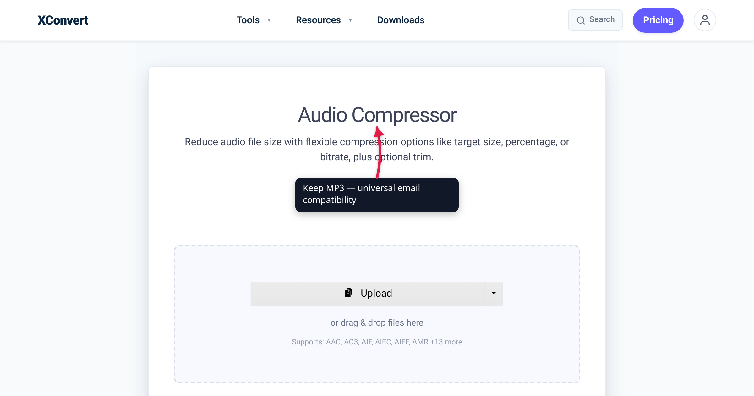 The xconvert audio compressor showing the MP3 output format selected, with a callout describing the use case of compressing audio for Gmail's 25 MB email attachment limit