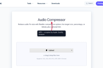The xconvert audio compressor showing the MP3 output format selected, with a callout describing podcast platform compression for Spotify, Apple Podcasts, and Amazon Music