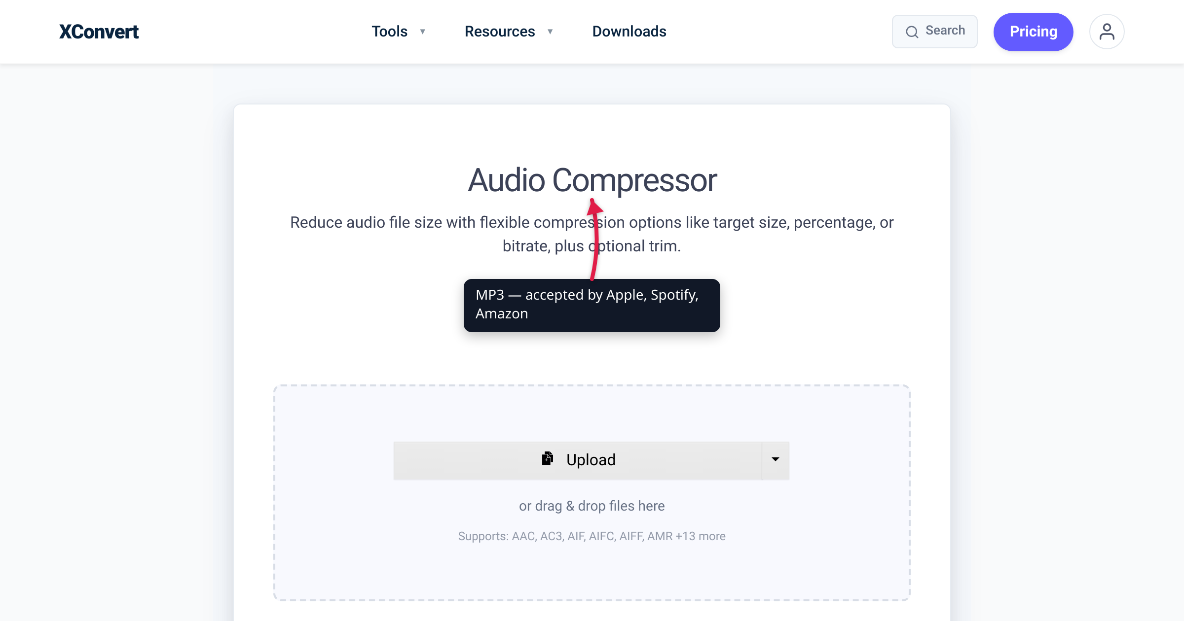 The xconvert audio compressor showing the MP3 output format selected, with a callout describing podcast platform compression for Spotify, Apple Podcasts, and Amazon Music