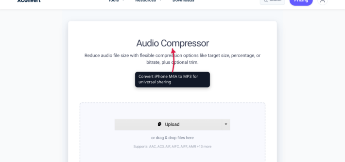 The xconvert audio compressor showing the MP3 output format selected, illustrating compression of an iPhone voice memo for email or AirDrop sharing
