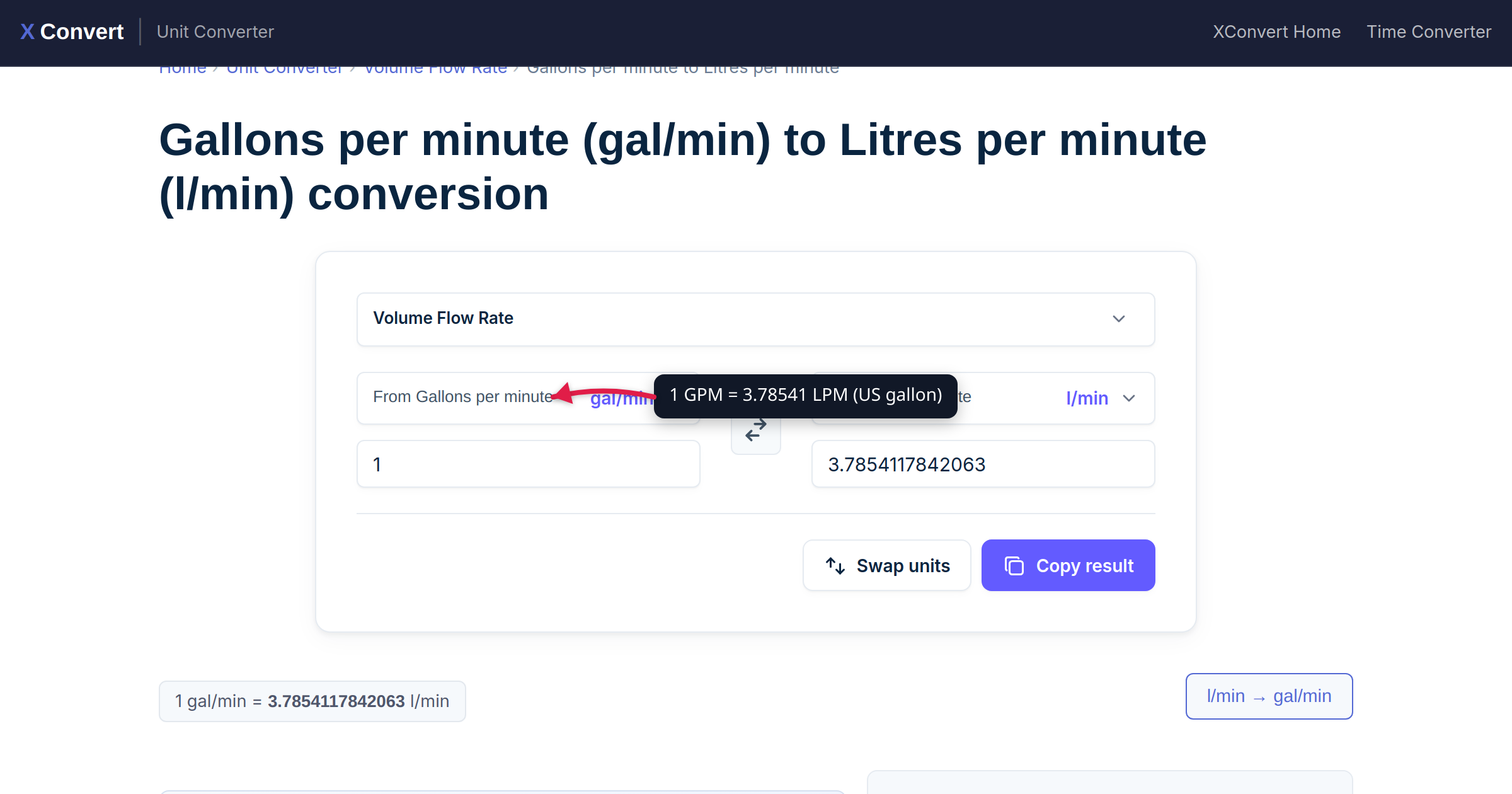The xconvert GPM to LPM converter showing 1 gal/min equals 3.7854117842063 l/min, with a callout explaining the formula GPM times 3.78541 equals LPM