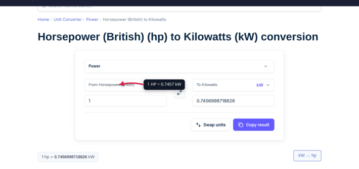 The xconvert HP to KW converter showing the conversion result