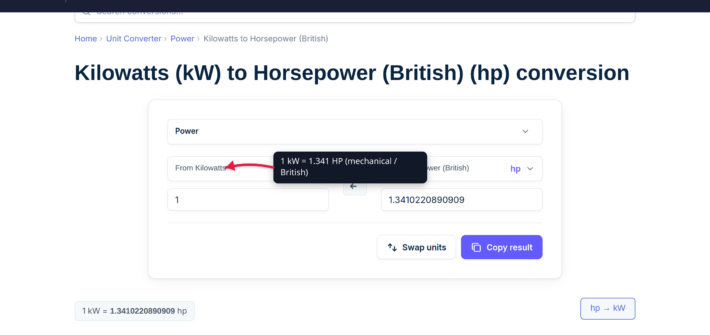 The xconvert KW to HP converter showing the power conversion result