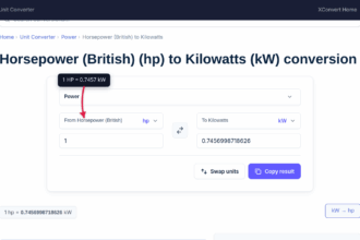 The xconvert HP to KW converter showing the conversion result