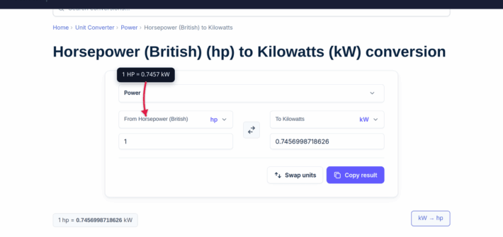 The xconvert HP to KW converter showing the conversion result