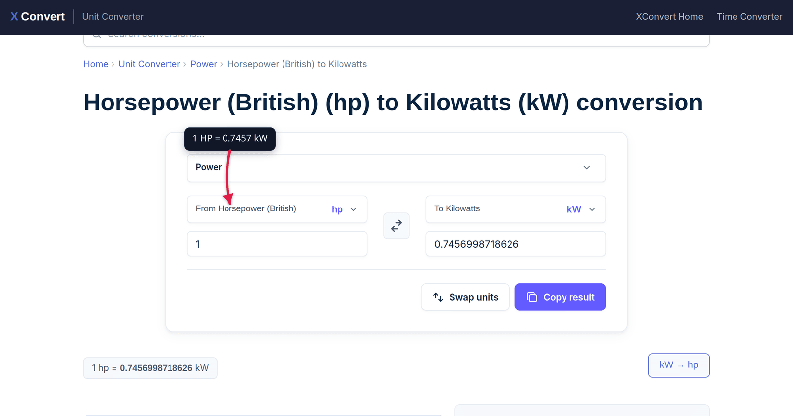 The xconvert HP to KW converter showing the conversion result