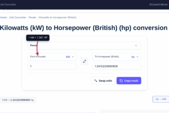 The xconvert KW to HP converter showing the power conversion result