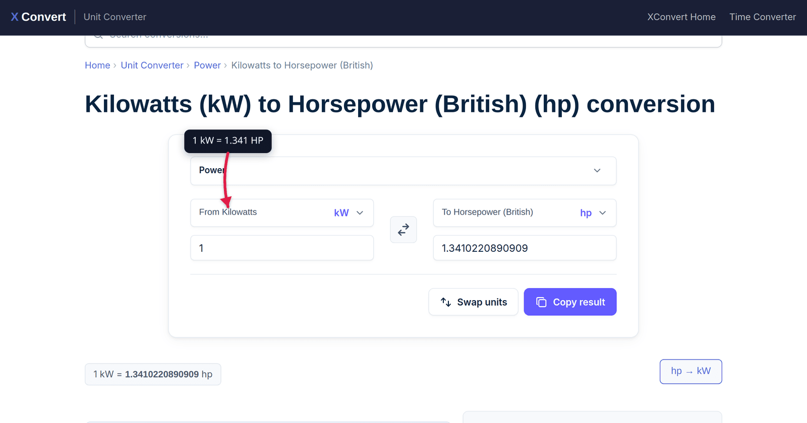 The xconvert KW to HP converter showing the power conversion result