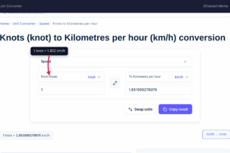 The xconvert Knots to km/h converter showing 1 knot equals 1.852 km/h