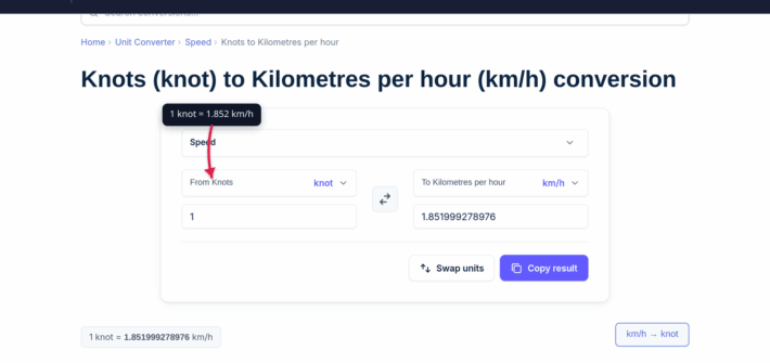 The xconvert Knots to km/h converter showing 1 knot equals 1.852 km/h