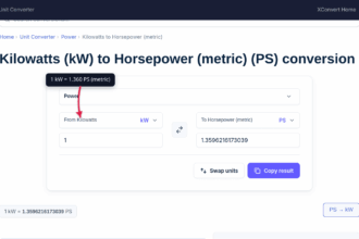 The xconvert kW to PS metric horsepower converter showing 1 kW equals 1.36 PS