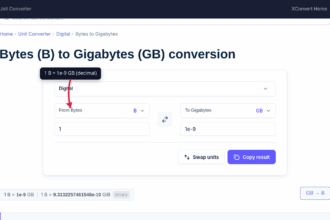 The xconvert Bytes to Gigabytes converter showing the decimal 1e-9 result and binary equivalent