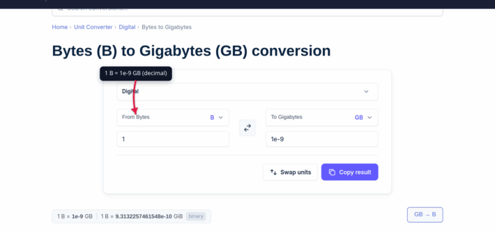The xconvert Bytes to Gigabytes converter showing the decimal 1e-9 result and binary equivalent