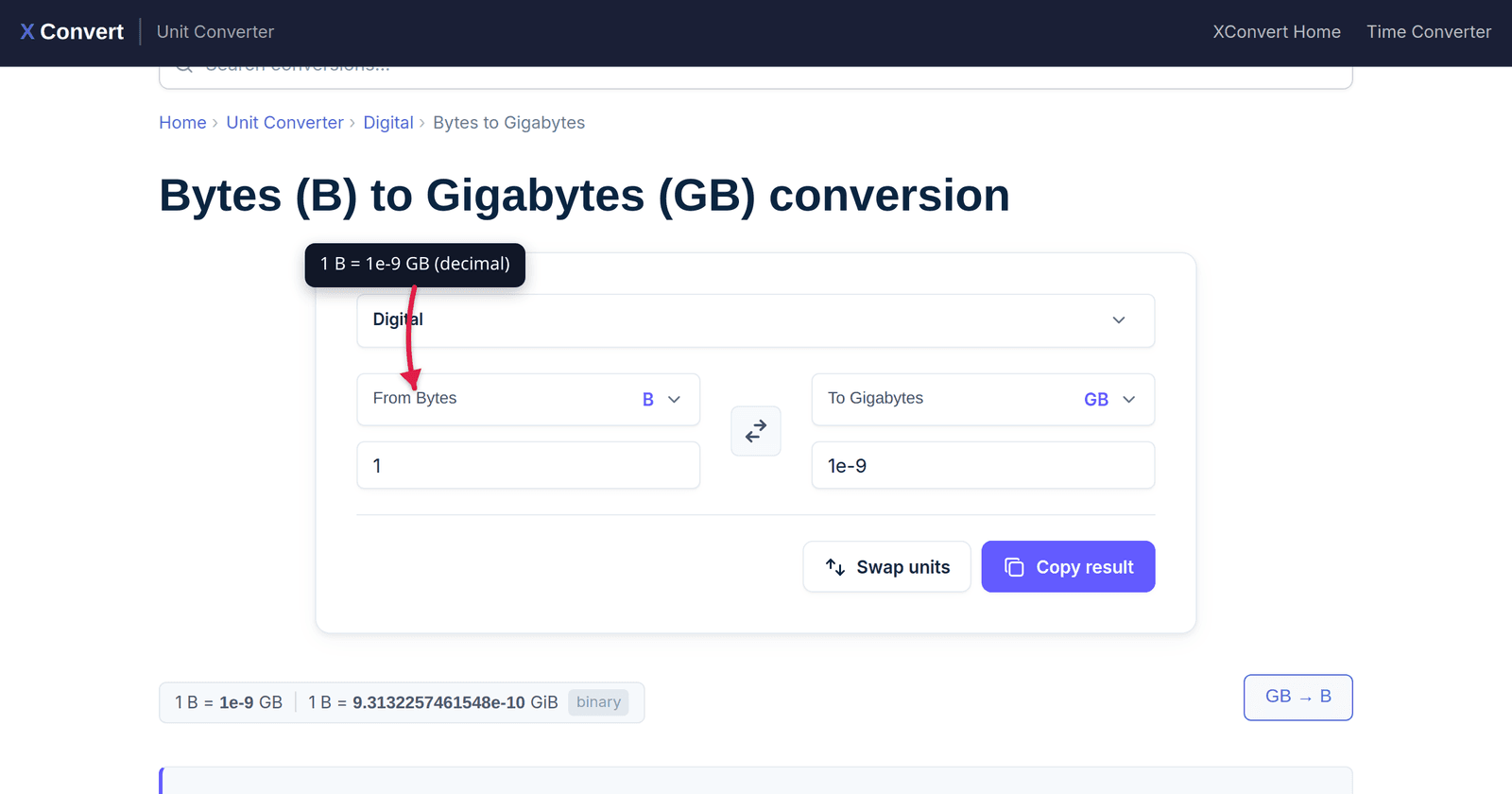 The xconvert Bytes to Gigabytes converter showing the decimal 1e-9 result and binary equivalent