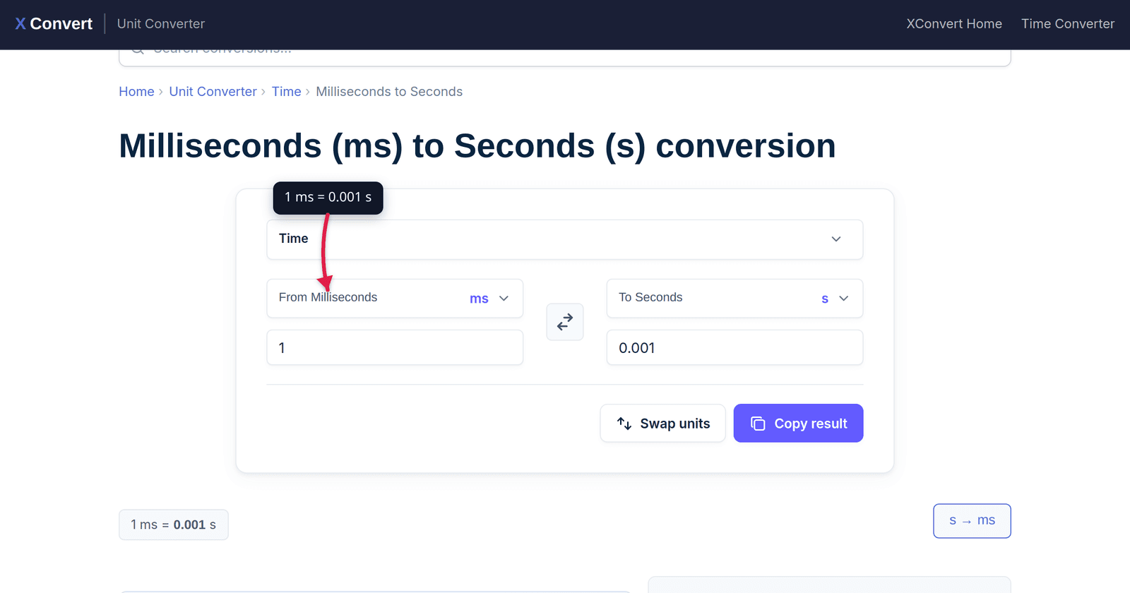 The xconvert Milliseconds to Seconds converter showing 1 ms equals 0.001 s