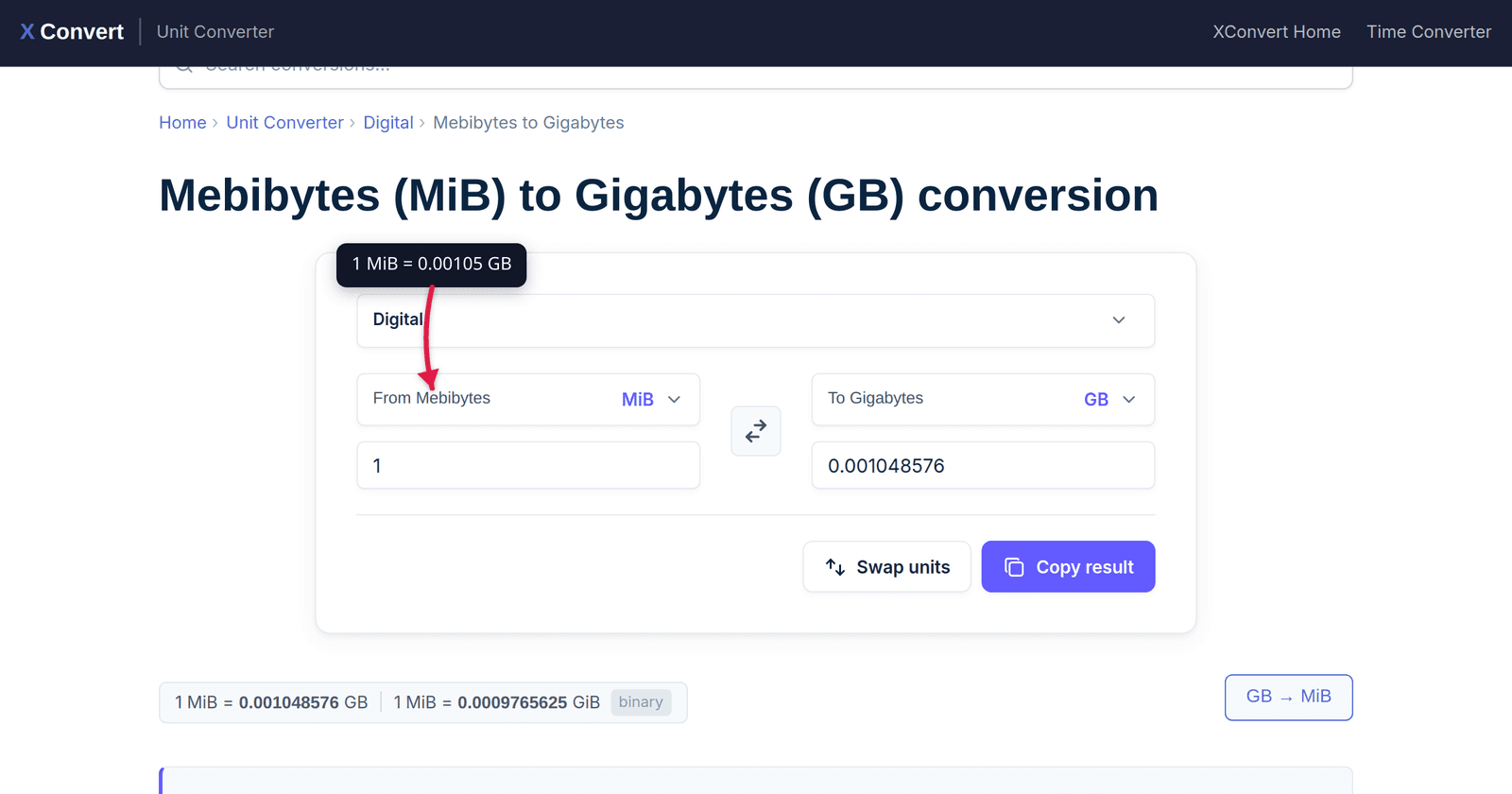 The xconvert Mebibytes to Gigabytes converter showing the conversion between binary and decimal storage units