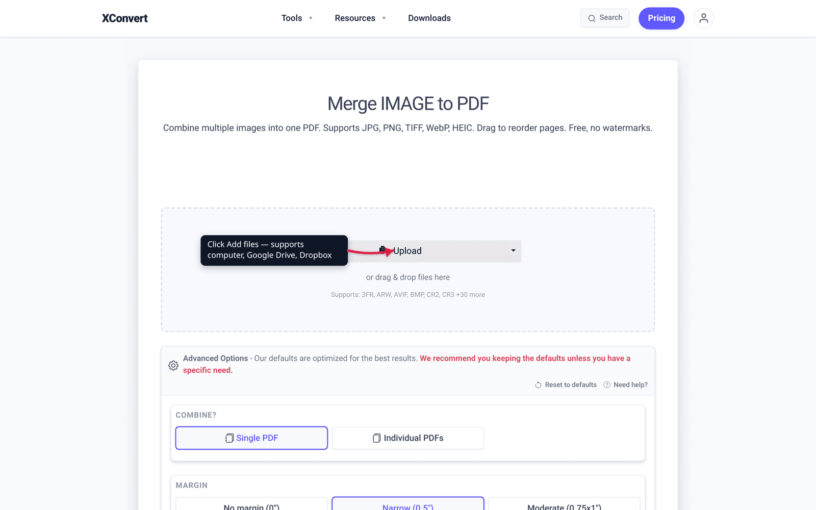 The Add files button on the merge tool with a callout noting it supports computer, Google Drive, and Dropbox