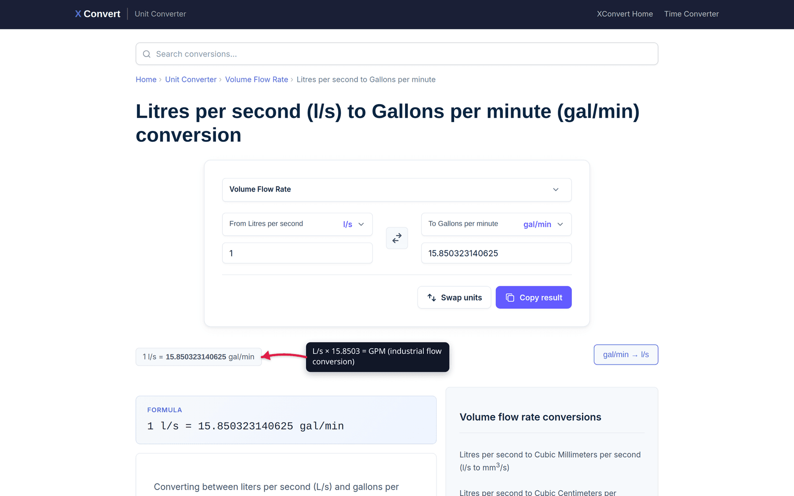 Full view of the L/s to GPM converter with formula, From/To selectors, and the result