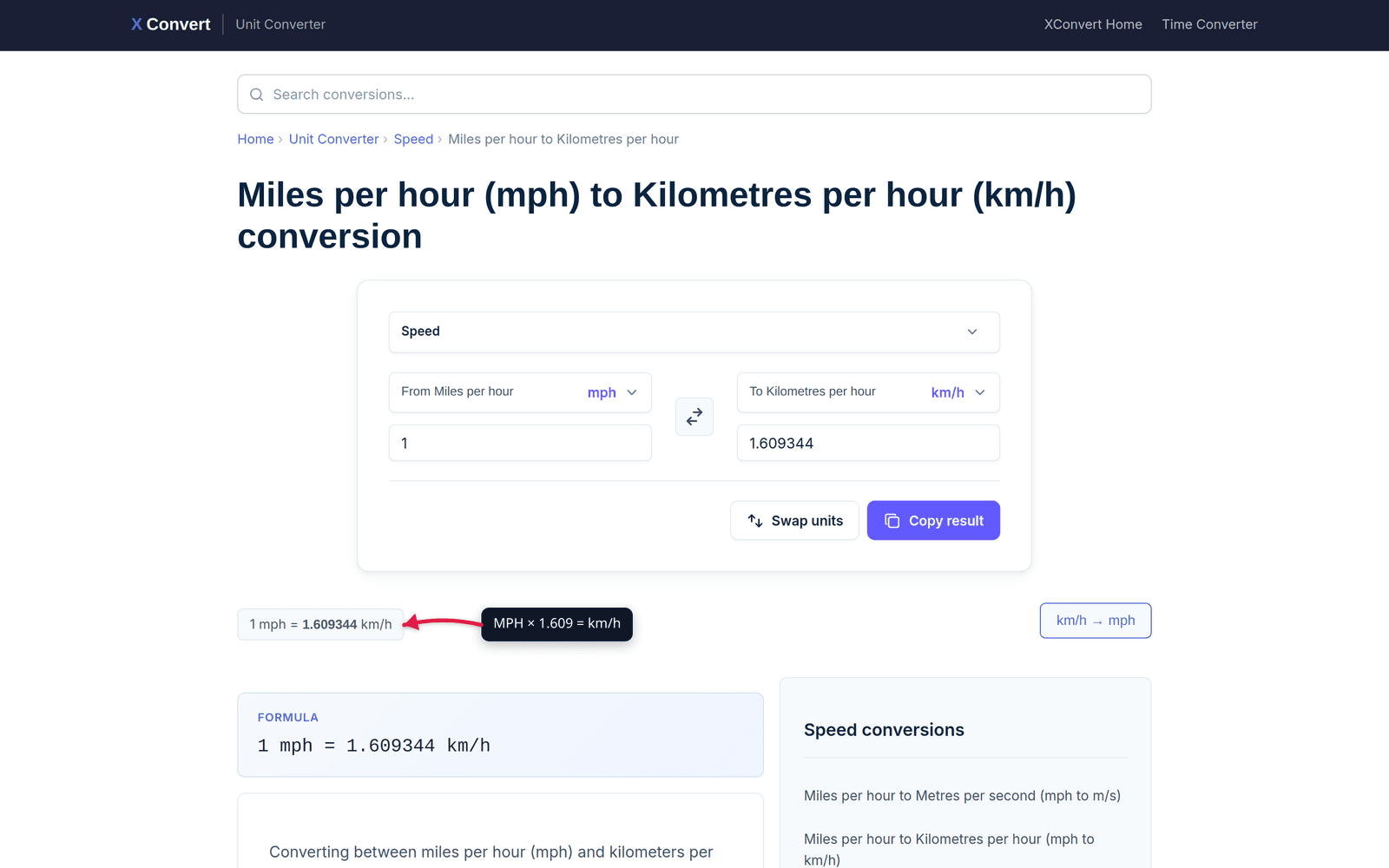 MPH to KMH unit converter with formula and example conversions