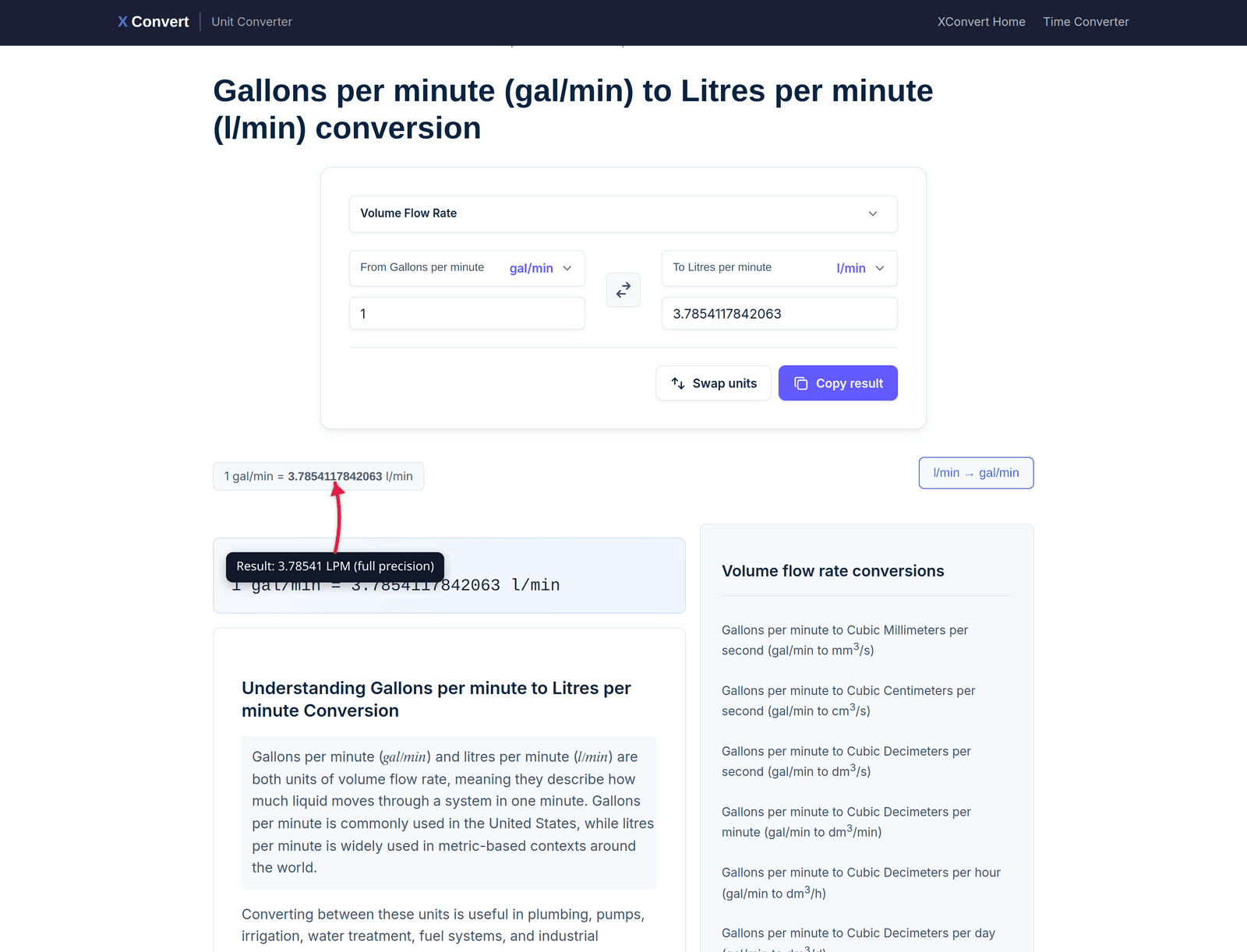 Full view of the xconvert GPM to LPM converter page with breadcrumbs, From and To unit selectors, and the conversion result