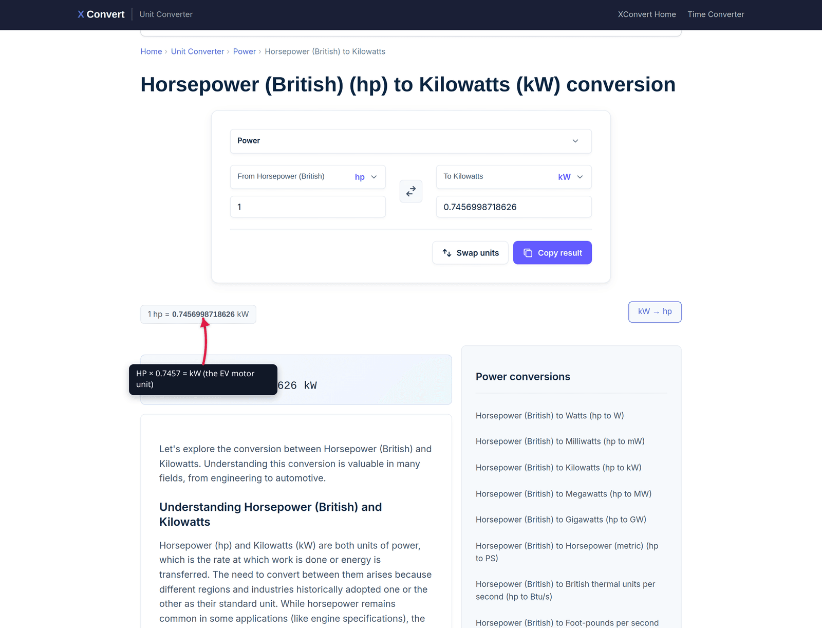 HP to KW unit converter with formula and examples