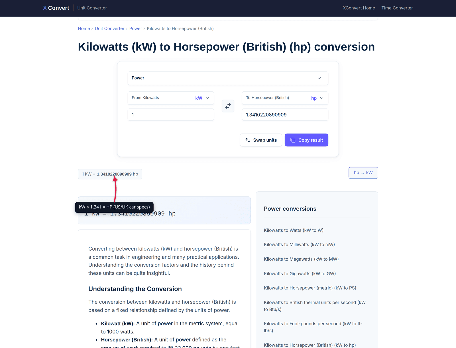 KW to HP unit converter with formula and example conversions