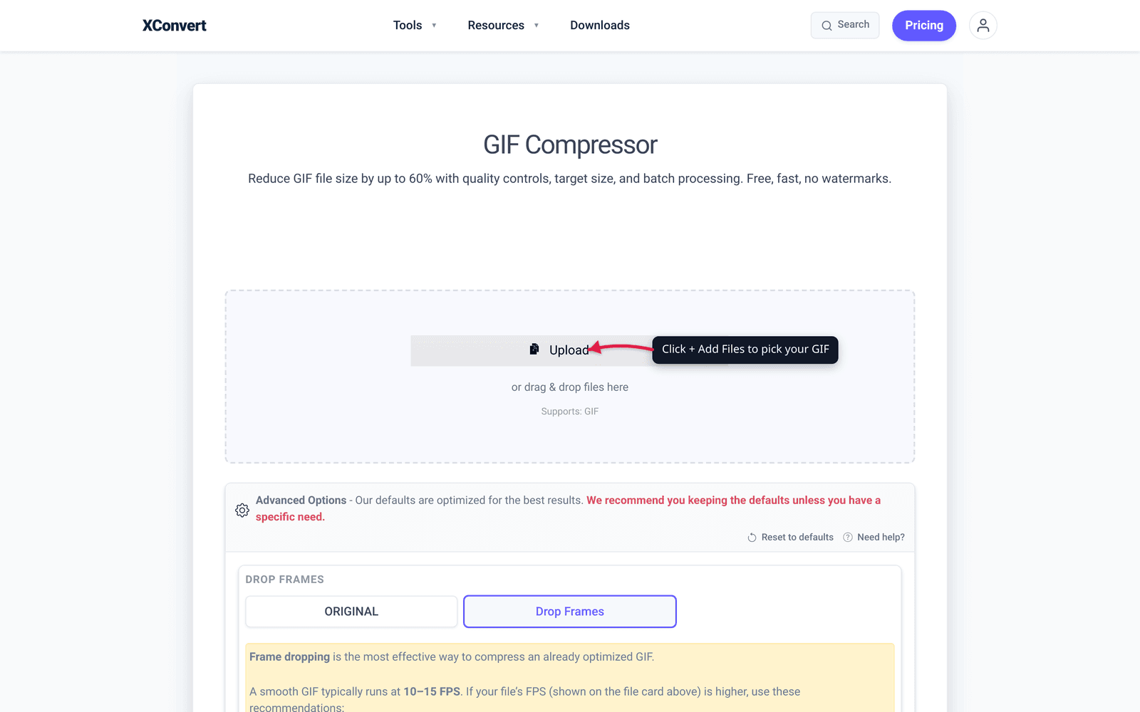GIF compressor with Advanced Options panel showing the file compression and resize controls used to fit Discord's 10 MB limit