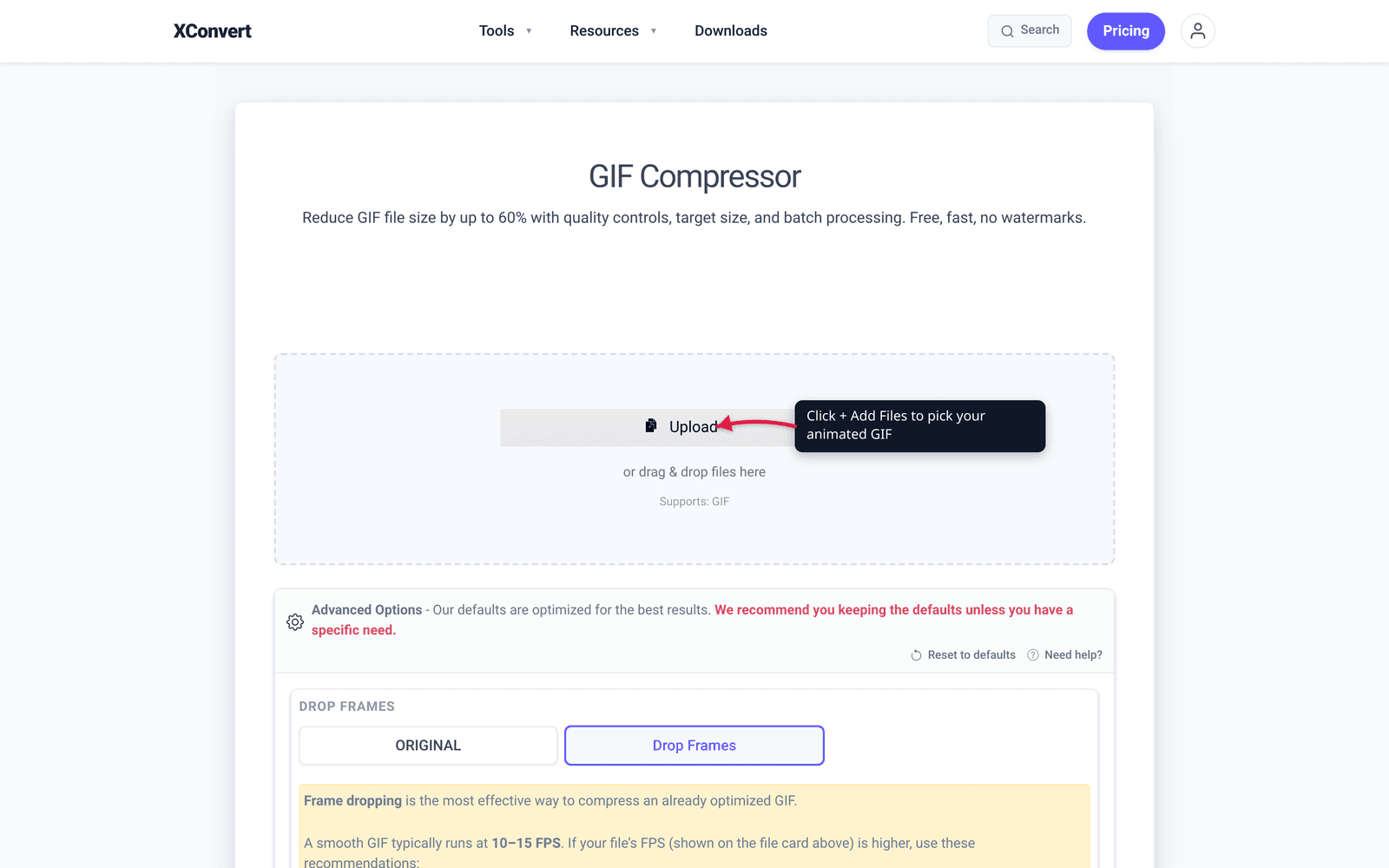 GIF compressor showing the file extension, file compression mode tabs, and size targeting controls