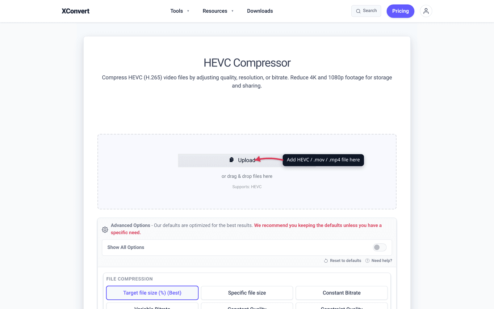 HEVC compressor showing video extension options and compression settings