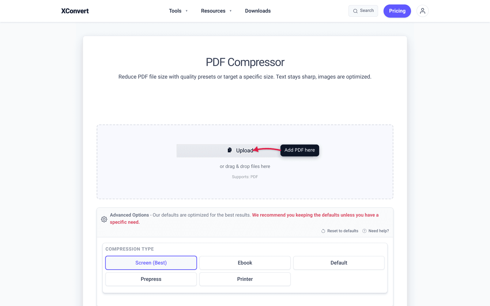 PDF compressor showing compression options for SBA, IRS, and government portals